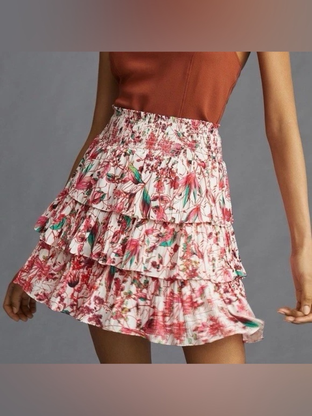 Anthropologie Pink Floral Tiered Ruffle Mini Skirt